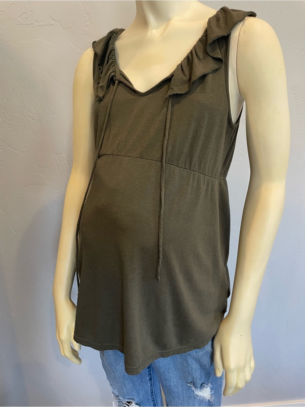 New Cotton and modal Olive Ruffle-Trim Sleeveless Tank maternity XS